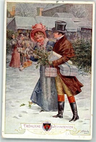 1913 Biedermeier Liebespaar kauft einen Tannenbaum Pakete Mistel Verlag Schulverein Nr. 672