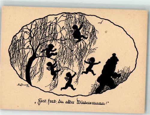 Schattenriss Elfenkinder vertreiben den Winter in Form eines alten Mannes