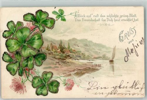 1901 mit Glimmer/Glitzerauflage Spruch Gruss aus Segelboot