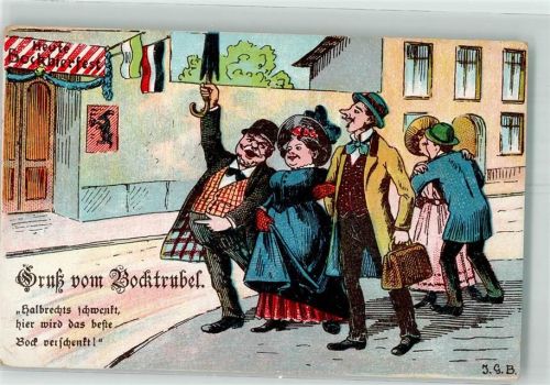 sign. J.G.B. Gruß vom Bocktrubel Bockbierfest Schwarz-Weiß-Rot Künstlerkarte