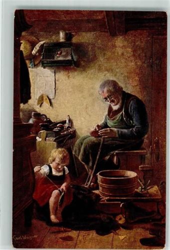 1916 Der Hoffnungsvolle Enkel in der Werkstatt, Vogelkäfig an der Wand sign. Karl Wagner