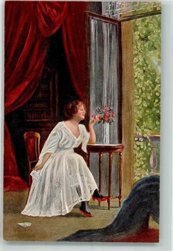 Nr. 605 sign. Uhlig Duftende Grüße Frau im weißen Kleid mit Liebesbrief und roten Rosen