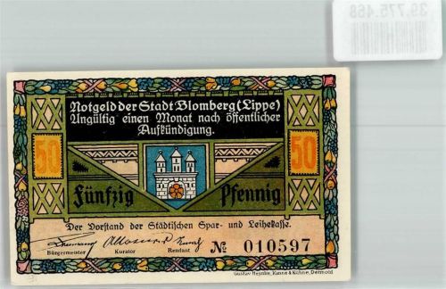 Blomberg 1921 50 Pfennig Spar- u. Leihekasse No. 010597