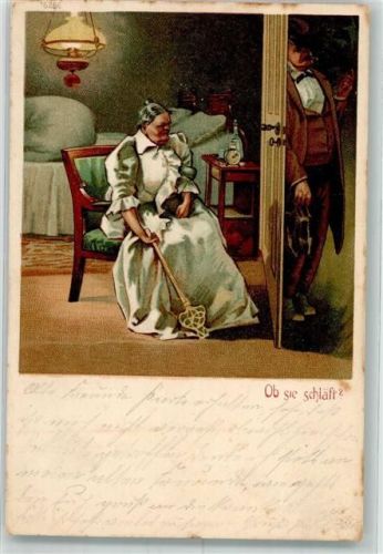 1900 Ob sie schläft? Frau mit Teppichklopfer
