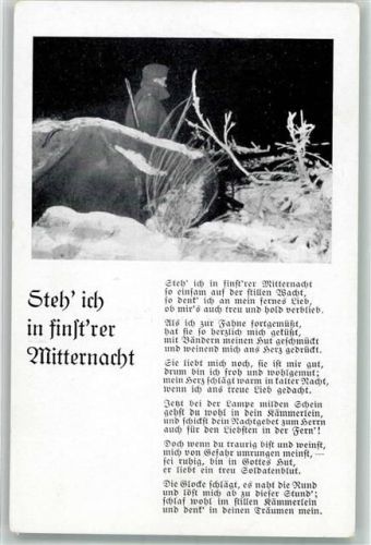 Landser auf einsamer Wacht im Winter Text des Liedes Steh ich in finst'rer Mitternacht Fotograf PK Scherl Verlag Robert Franke
