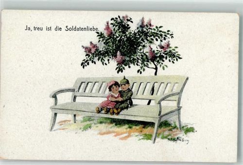 1918 Kleiner Junge in feldgrauer Uniform sitzt mit seiner Liebsten auf einer Parkbank unter Flieder Kinderpoesie WSSB No. 4994