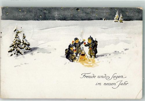 1915 Neujahr Kinder im Winter um das Lagerfeuer versammelt in deutschen Uniformen WK I WSSB No. 1507