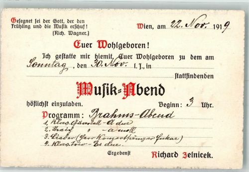 Wien 1919 Einladung Musik Abend Richard Zelnicek