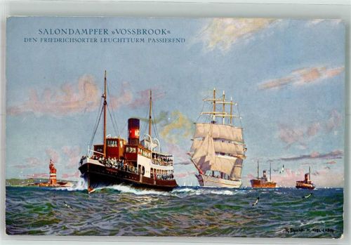 Salondampfer Vossbrook den Leuchtturm Friedrichsort passierend , Segelschiff
