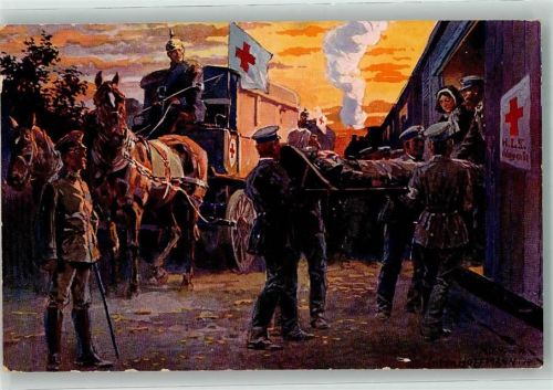 1914 sign. Ant. Hoffmann Krankenwagen Eisenbahn Verwundeter