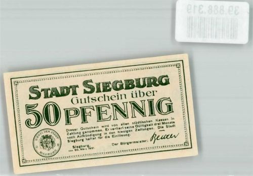 Siegburg 1921 50 Pfennig Gutschein