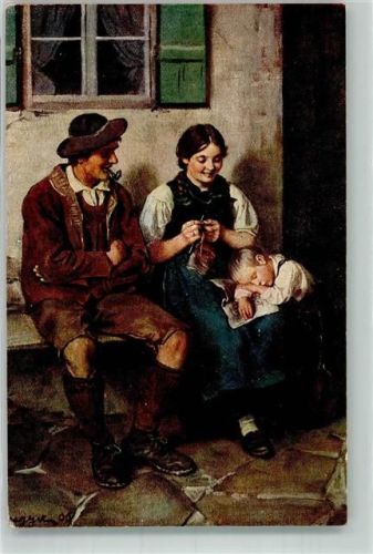 1918 Junge Familie hat Feierabend Tracht Pfeife Stricken Verlag E.A. Seemann Nr. 169