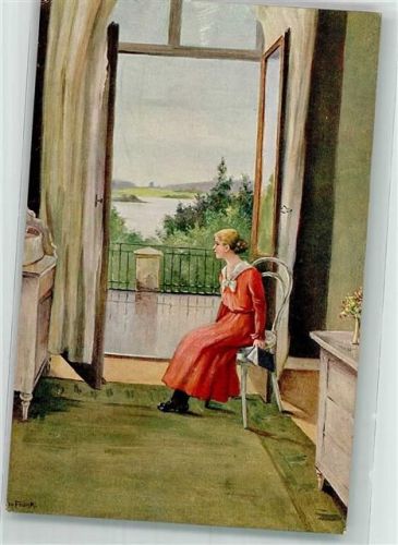 Trübes Wetter Frau sitzt am Fenster zum Balkon