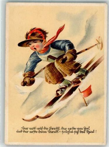 Kindlicher Skifahrer rast den Abhang hinunter Verlag Emil Köhn 1835 Ski 1942 Künstlerkarte