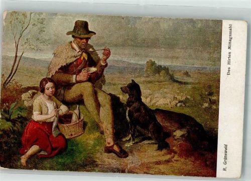 sign. R. Grünewald Des Hirten Mittagsmahl , Hirtenhund, Kind beim Stricken