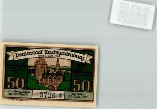 Neubrandenburg 1922 Einlösung Stadtkasse 50 Pfennig Treptower Tor