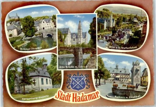 Hadamar Herzenberg-Kapelle, Blick von der Wetterfahne, Rathaus, Ehrenmal, Alte Brücke, Schloß