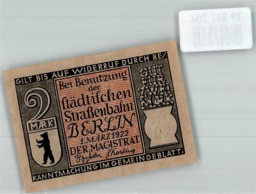 Berlin, unsortiert 2 Mark f. städt. Straßenbahn 1922 Personenpost 1861 Nr. 234755