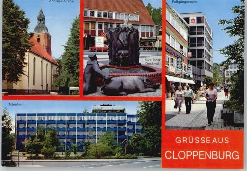 49661 W4590 Cloppenburg - Altenheim, Andreas-Kirche, Fußgängerzone, Eberborg-Denkmal