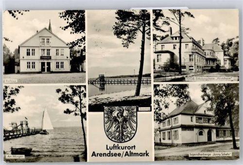 Arendsee Rathaus, Seesteg, FDGB-Erholungsheim Waldheim, Jugendherberge Jonny Schehr, Wappen