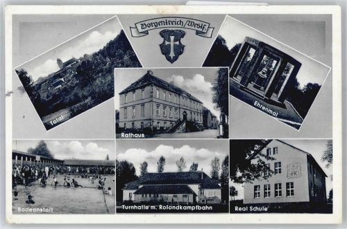 Borgentreich Rathaus, Wappen, Ehrenmal, Badeanstalt, Turnhalle und Rolandkampfbahn, Real-Schule