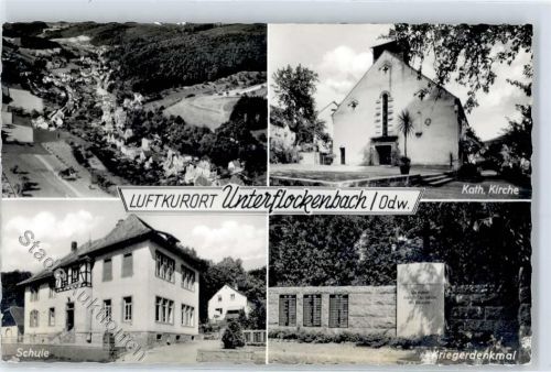 Unter-Flockenbach Schule Kriegerdenkmal kath. Kirche Fliegeraufnahme