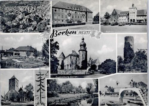 46325 W4280 Borken , Westf - Rathaus Alter Windmühlenturm Schwimmbad Bahnhof Propsteikirche Fliegeraufnahme
