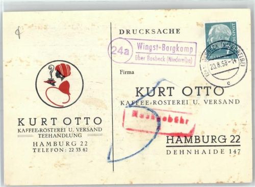 21789 W2177 Bargkamp - Landpoststempel Kaffee-Rösterei Versand Teehandlung Kurt Otto Hamburg