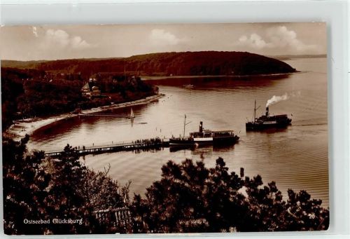 Glücksburg Dampfer Anlegestelle Bahnpoststempel Hamburg Flensburg Zug 954 Segelboot