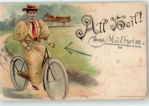 Frau Hut Kleid E. A. Schwerdtfeger & Co Fahrrad 1897 Lithographie