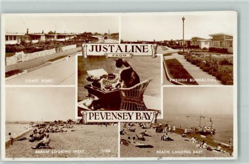Sussex - Pevensey Bay Coast Road Swedish Bungalows Beach East West Katze Schreibmaschine Korb Stuhl