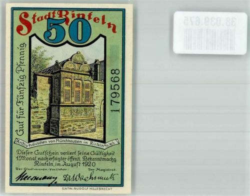 Rinteln 1920 50 Pfennig Archivhäuschen von Münchhausen Rückseite Ritt auf der Kanonenkugel