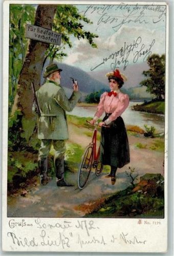 Förster Pfeife Gewehr Frau Fahrrad Hut Feldweg Verbotschild Fahrrad 1900