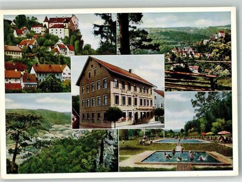 Egloffstein Panorama des Ortes mit Burg Egloffstein Schwimmbad BDK-Kriegsopfer-Erholungsheim