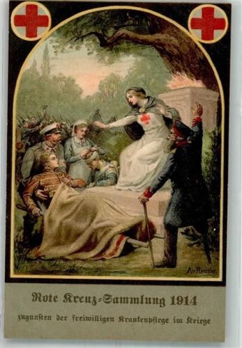 1914 sign. Roessler Verwundeter Krieger wird zur heilenden Samariterin gebracht Rotes Kreuz Sammlung WK I