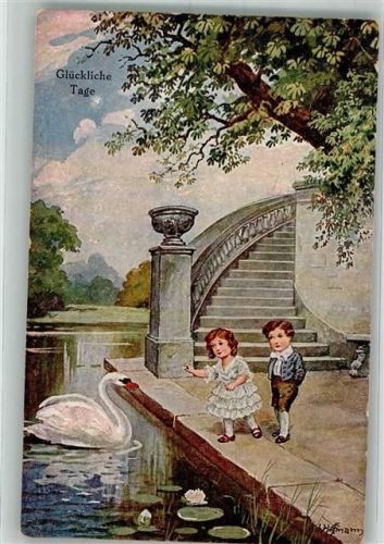 Zwei kleine Kinder mit einem Schwan im Seerosenteich WSSB No. 5357