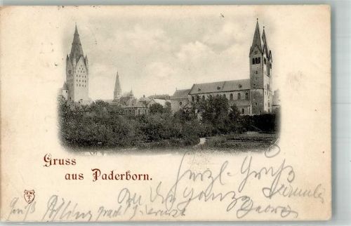 Paderborn 1897 mit Hohem Dom St. Maria und Abdinghofkirche Bahnpost Aachen-Holzminden Zug 34