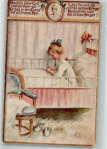 Kleines Mädchen betet im Bett für den Vater an der Front WK I Verlag Arthur Rehn & Co. No. 769