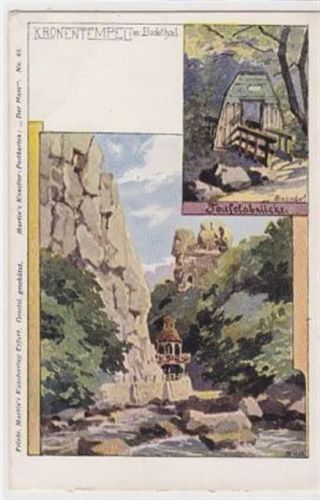 Künstlerkarte mit Kronentempel und Teufelsbrücke im Bodethal ungelaufen kleiner Knick an der linken oberen Ecke Leichter Bug oben links, sonst gut erhalten