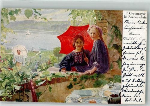 sign. Grotemeyer F. Im Sonnenschein Kinder NPG Nr. 5 gedeckter Tisch 1917 Künstlerkarte