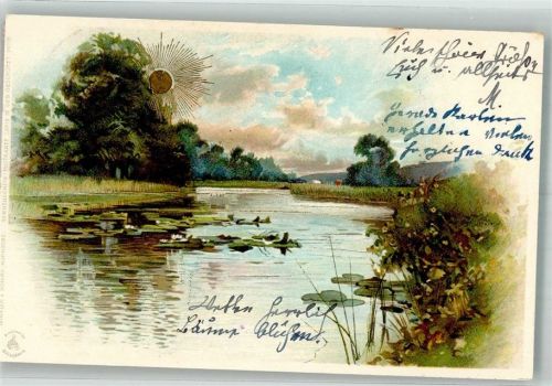 1899 Sonnenschein-Postkarte Die strahlende Sonne über einer sommerlichen Seerosenteich Serie IV 99115 Adelskorrespondenz