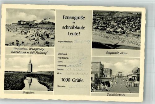 Wangerooge Badestrand mit Cafe Pudding Fliegeraufnahme des Ortes Westturm Zedeliusstraße