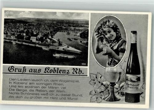 Koblenz Panorama der Stadt mit Deutschem Eck und eine Flasche Karthäuser Riesling