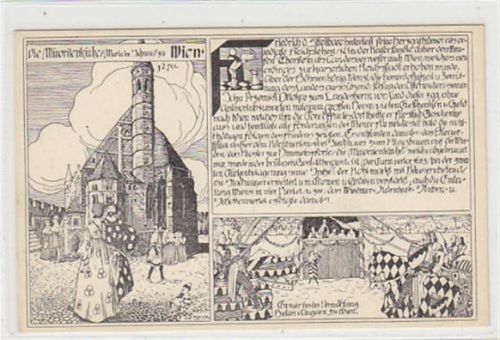 Chronikkarte Wien. Minoritenkirche Maria im Schnee zu Wien Turnier bei der Vermählung Belay von Ungarn zu Wien. Schöne verzierte Rückseite. Ungelaufen. Gute Erhaltung.