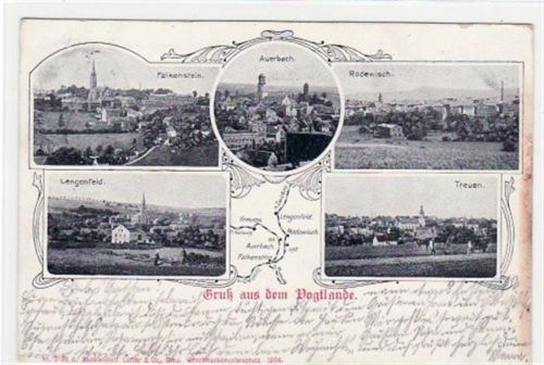 Falkenstein Falkenstein mit Auerbach, Rodewisch, Lengenfeld u. Treuen gelaufen von 1904. leichte Eckabschürfungen, Oxydationsspuren rechter Rand, sonst gut erhalten