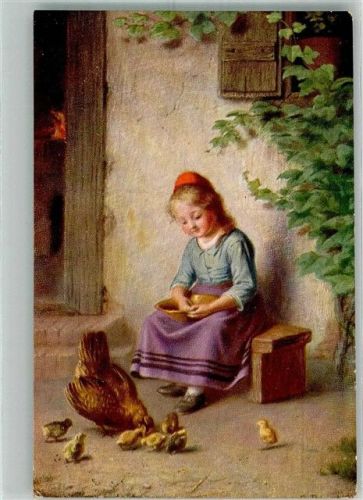 1913 Mädchen füttert die Hühner