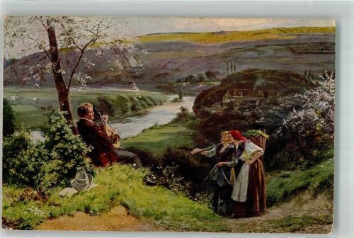 sign. Schultheiß zwei junge Bäuerinnen lauschen Laute spielendem Mann an der Weser Verlag Gustav Liersch & Co. Nr. 535