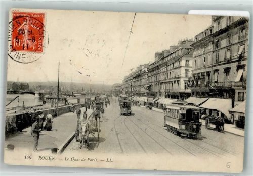 Rouen 1911 Le Quai de Paris Straßenbahn Geschäft Briefmarke Bildseite