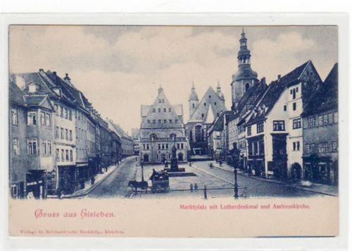 Lutherstadt Eisleben Gruß aus Eisleben mit Marktplatz, Lutherdenkmal und Andreaskirche. Postalisch nicht befördert, frühe Karte, da Anschriftsseite noch ungeteilt. Gute Erhaltung.
