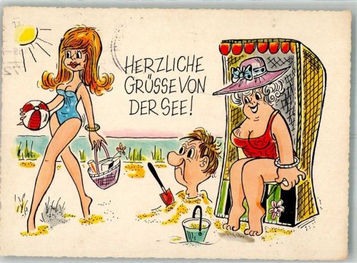 Ehefrau hat Mann am Strand verbuddelt während der einer großen Blondine hinterherschaut Humor Bademode